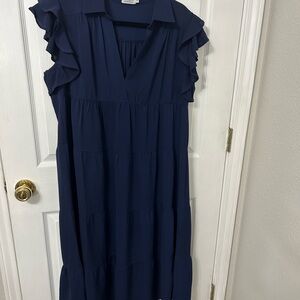 Blue Midi Sundress with Flutter Sleeves and Notched Collar